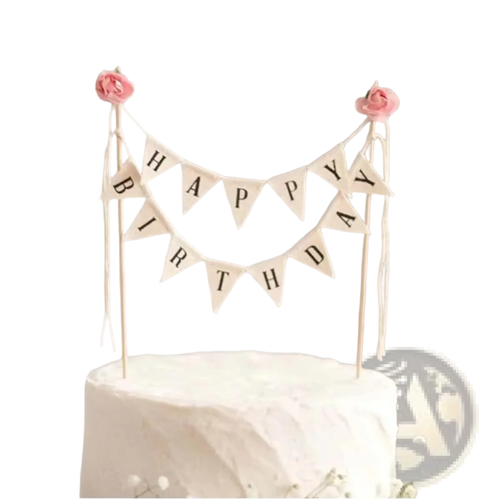 Happy birthday cake bunting topper in cream with black lettering and pink fabric roses for cake decoration