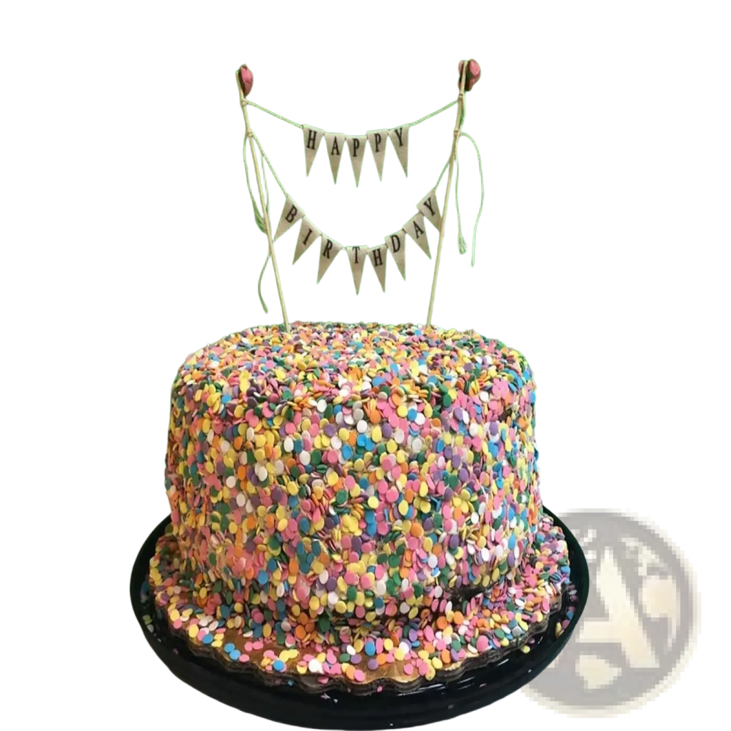 A round happy birthday cake with colorful confetti and a pink rose bunting topper for birthday celebrations