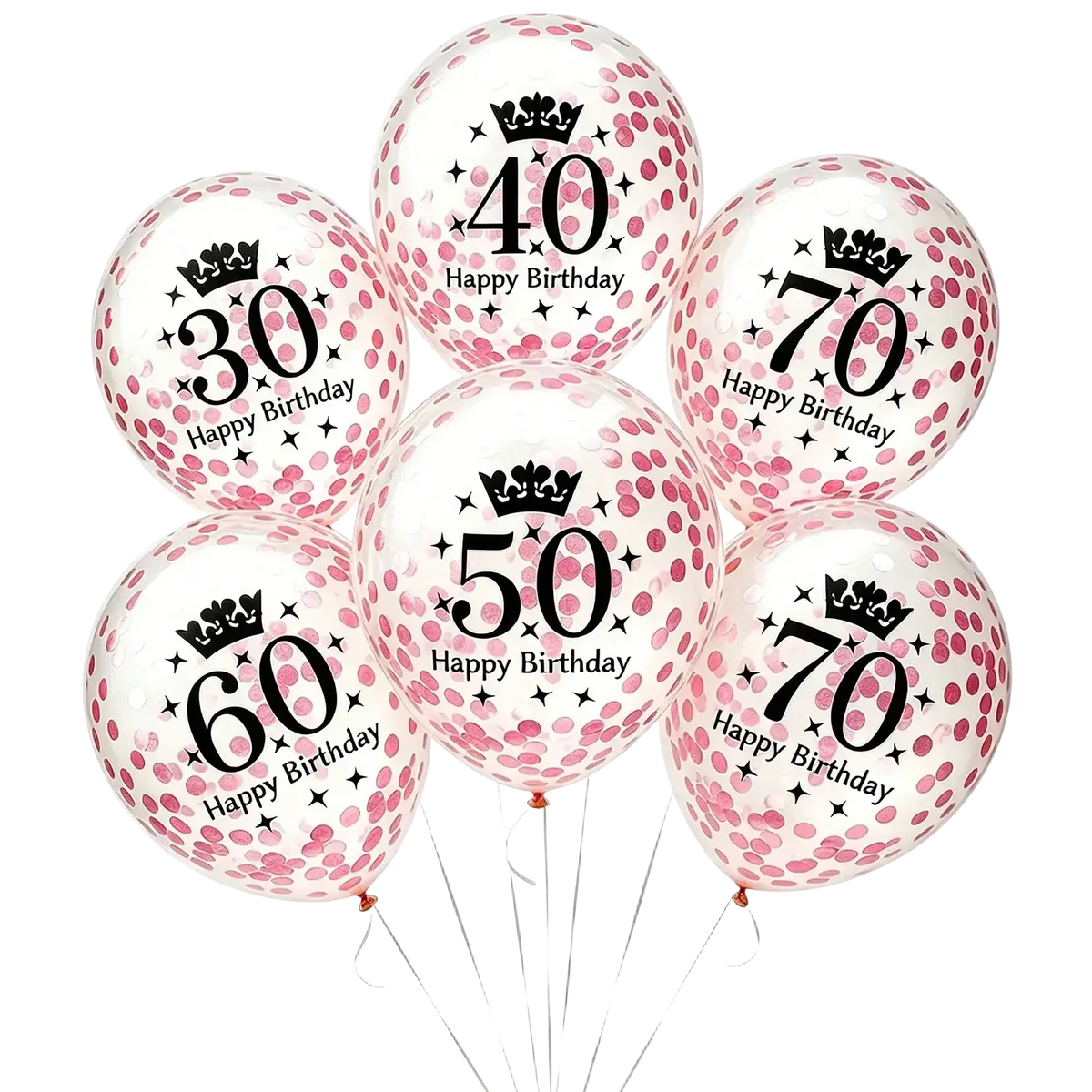 Clear happy birthday confetti balloons with pink confetti and black numbers for party decorations ages 30 to 70