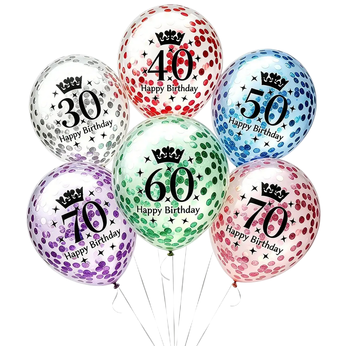 Clear party balloons with glittery confetti and black happy birthday text featuring crown designs for birthday party decorations