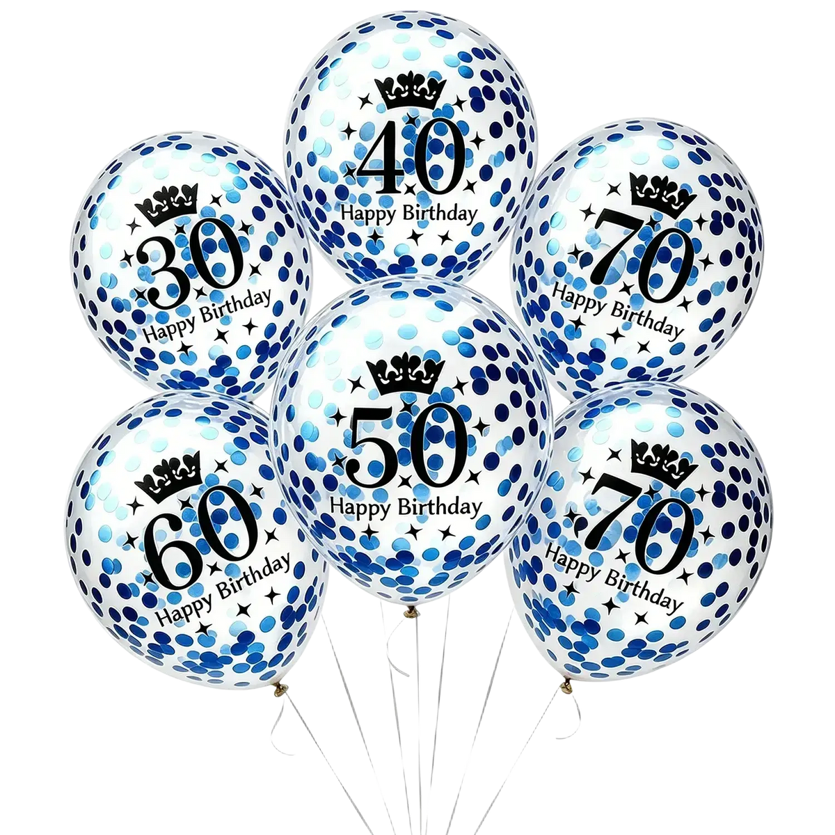 Clear party balloons with blue confetti printed with black crowns and age numbers for happy birthday party decorations