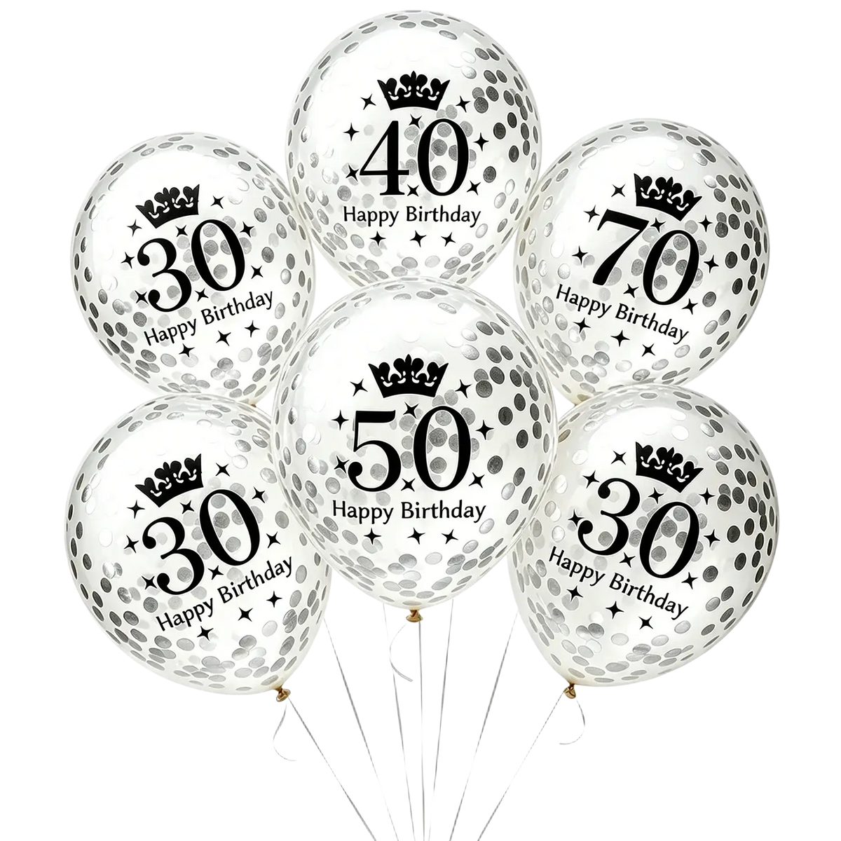 Clear party balloons with black printed numbers and crowns featuring happy birthday text and silver glitter dots