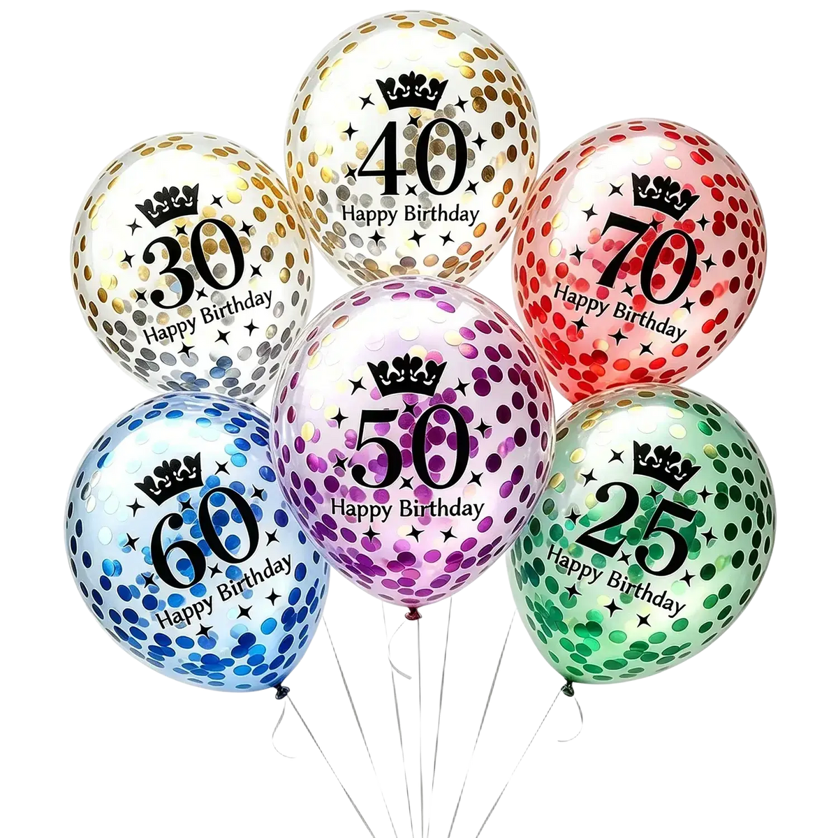 Clear party balloons with confetti and printed age numbers for happy birthday party decorations and birthday party use