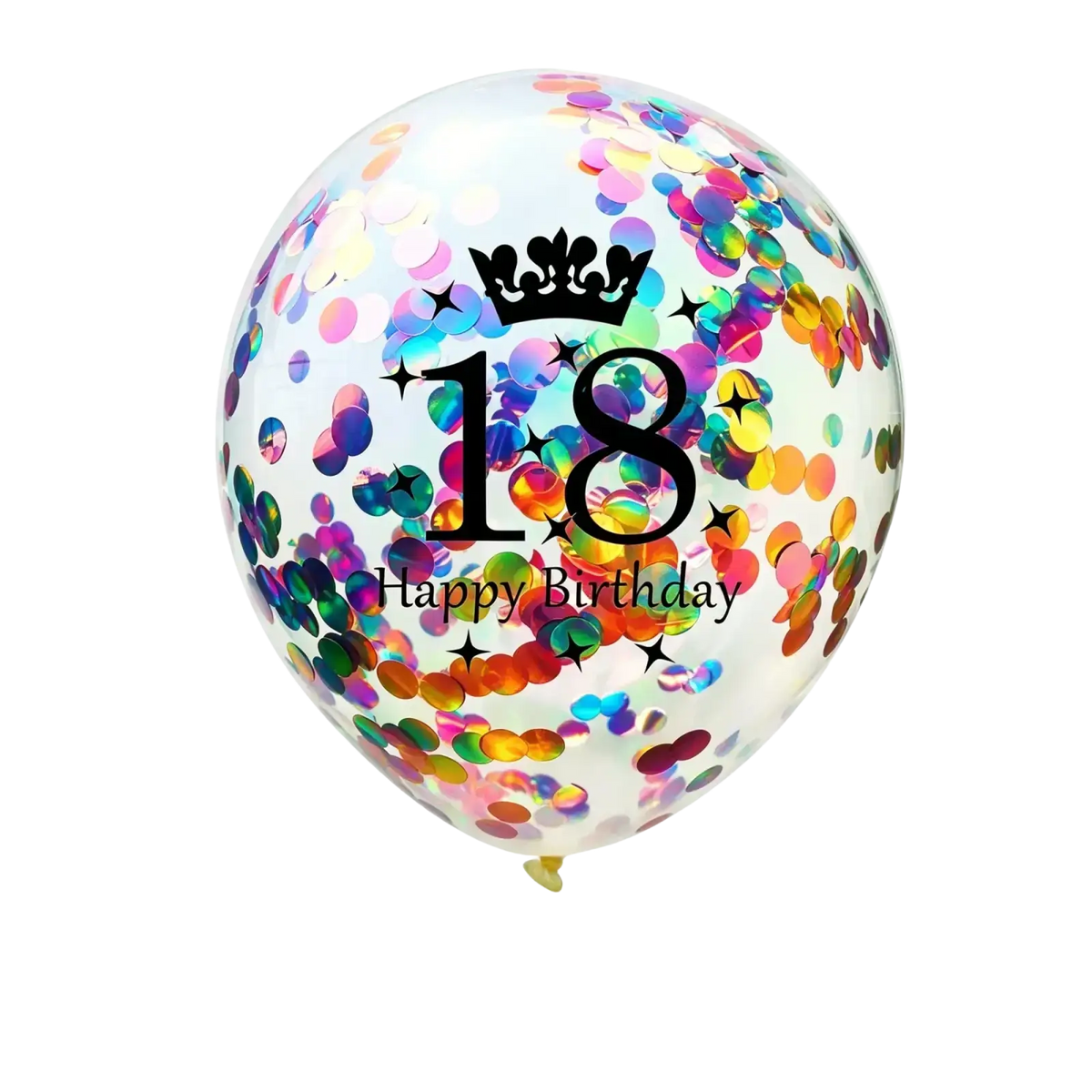 A clear balloon filled with colorful confetti featuring a black 18 happy birthday design and crown for birthday party decorations