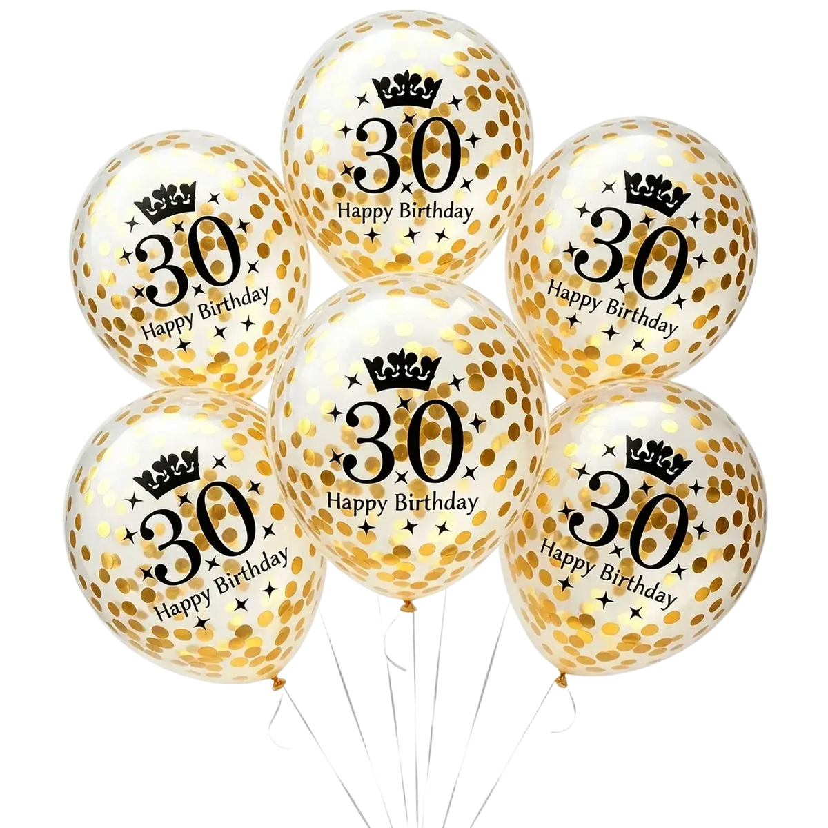 Clear balloons with gold confetti and black 30 happy birthday text with crown design for birthday party decorations