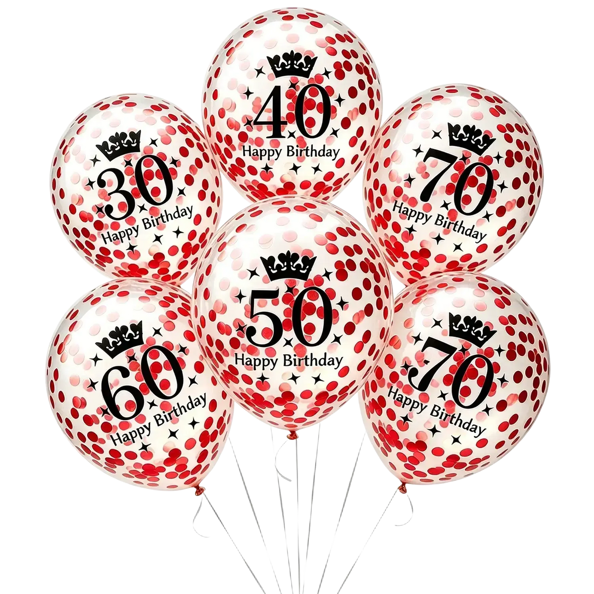 Clear balloons with red confetti black printed numbers crowns and happy birthday text for party decorations and birthday party