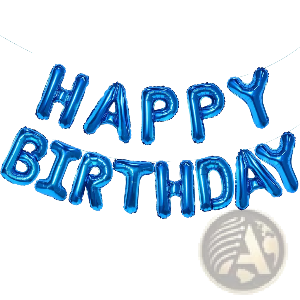 Blue metallic foil letter balloons banner spelling happy birthday in 16 inch size for birthday celebrations