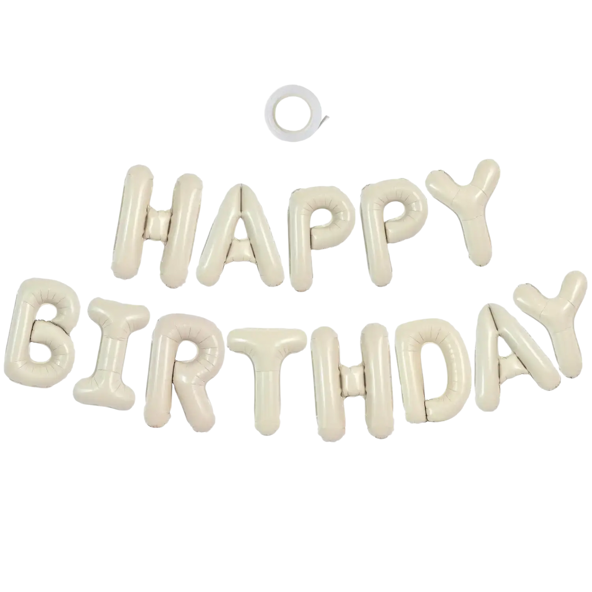 Cream-colored inflatable foil letter balloons spelling happy birthday strung on a wire for party decoration