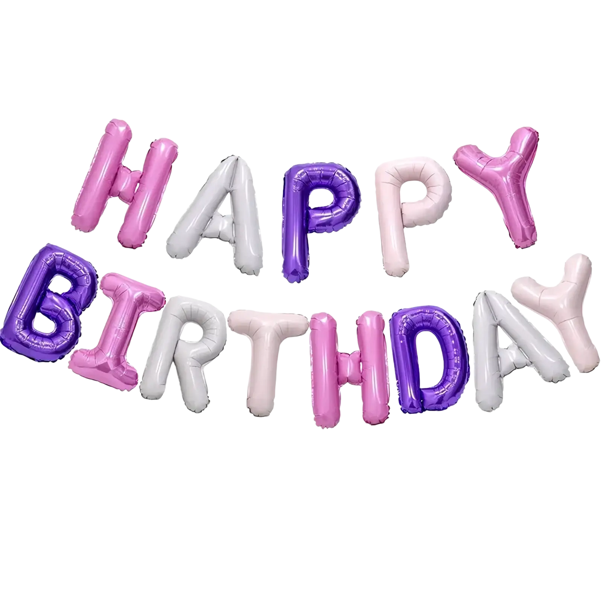 A festive happy birthday foil letter balloons banner 16 inch with shiny pink purple and white inflated letters