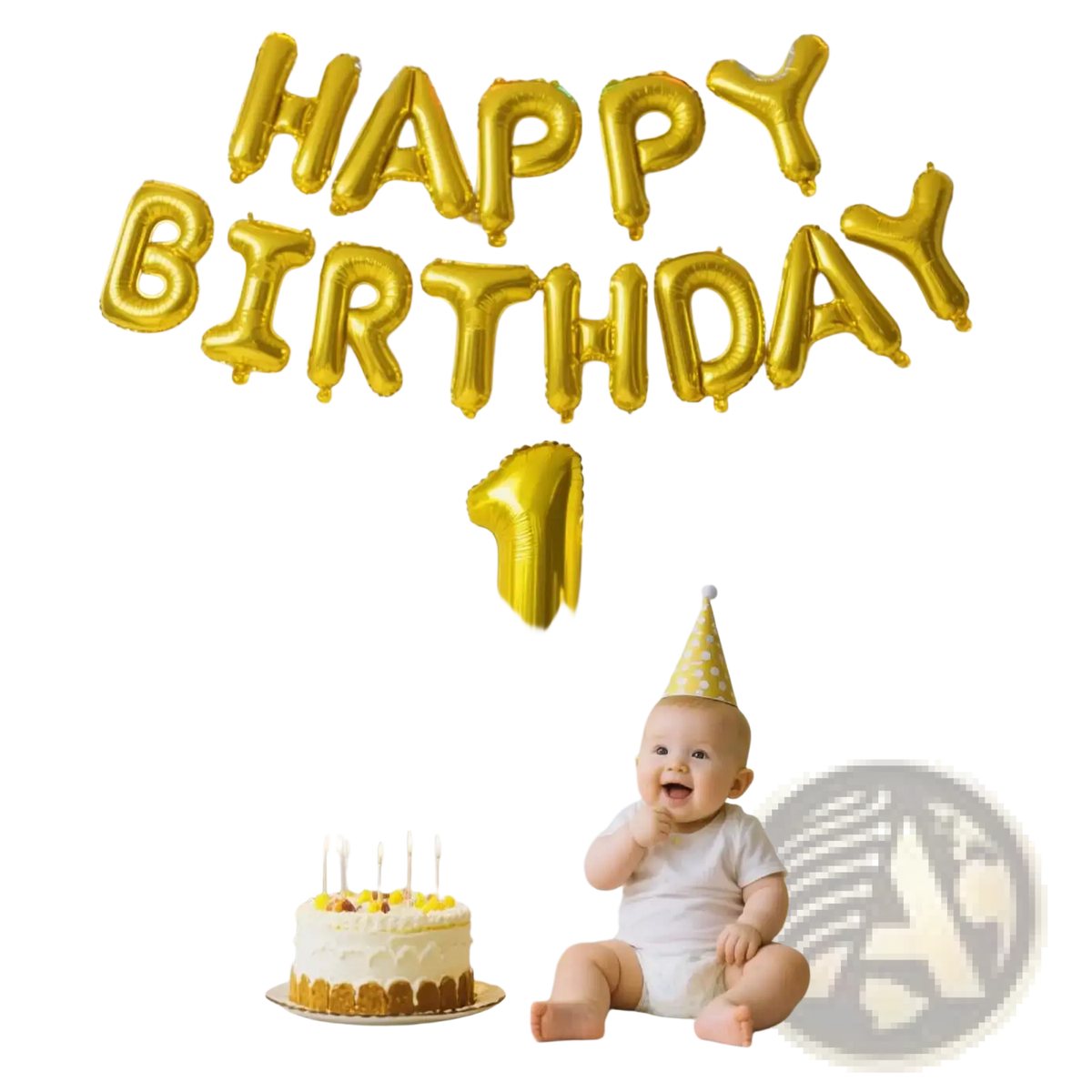 Happy birthday foil letter balloons banner 16 inch with gold foil letters and number one surrounded by gold and white balloons