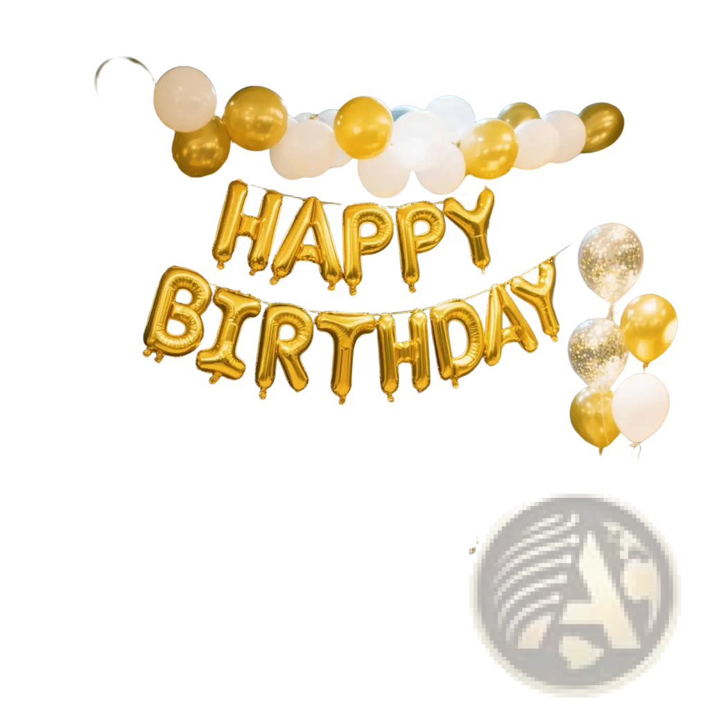 Happy Birthday foil letter balloons banner 16 inch in gold foil with gold and white balloons for birthday decoration