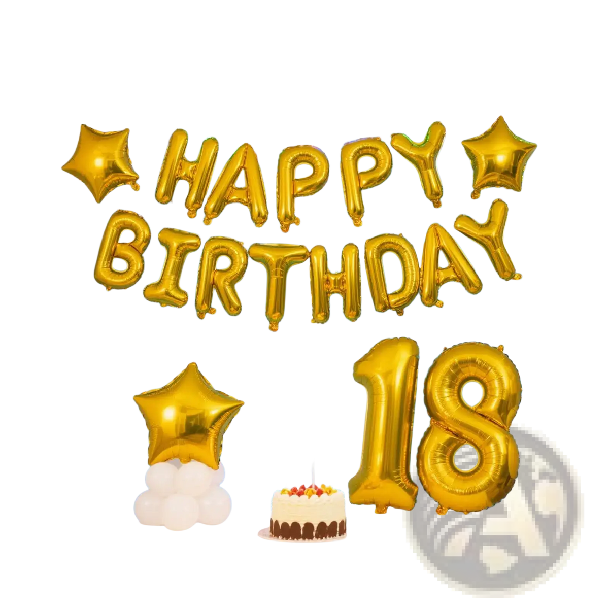 Golden foil letter balloons spelling happy birthday with star-shaped balloons and number 18 in 16 inch size banner