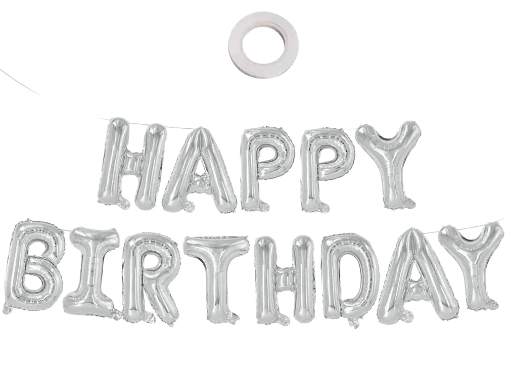 Silver metallic foil letter balloons spelling happy birthday on a wire banner 16 inch for party decoration