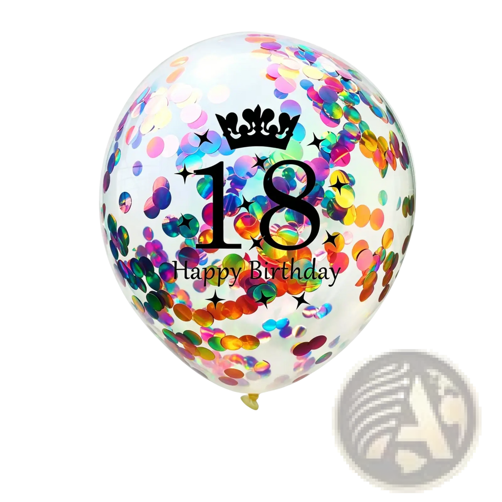 A clear rainbow confetti-filled balloon with black 18 happy birthday design and crown for party decorations