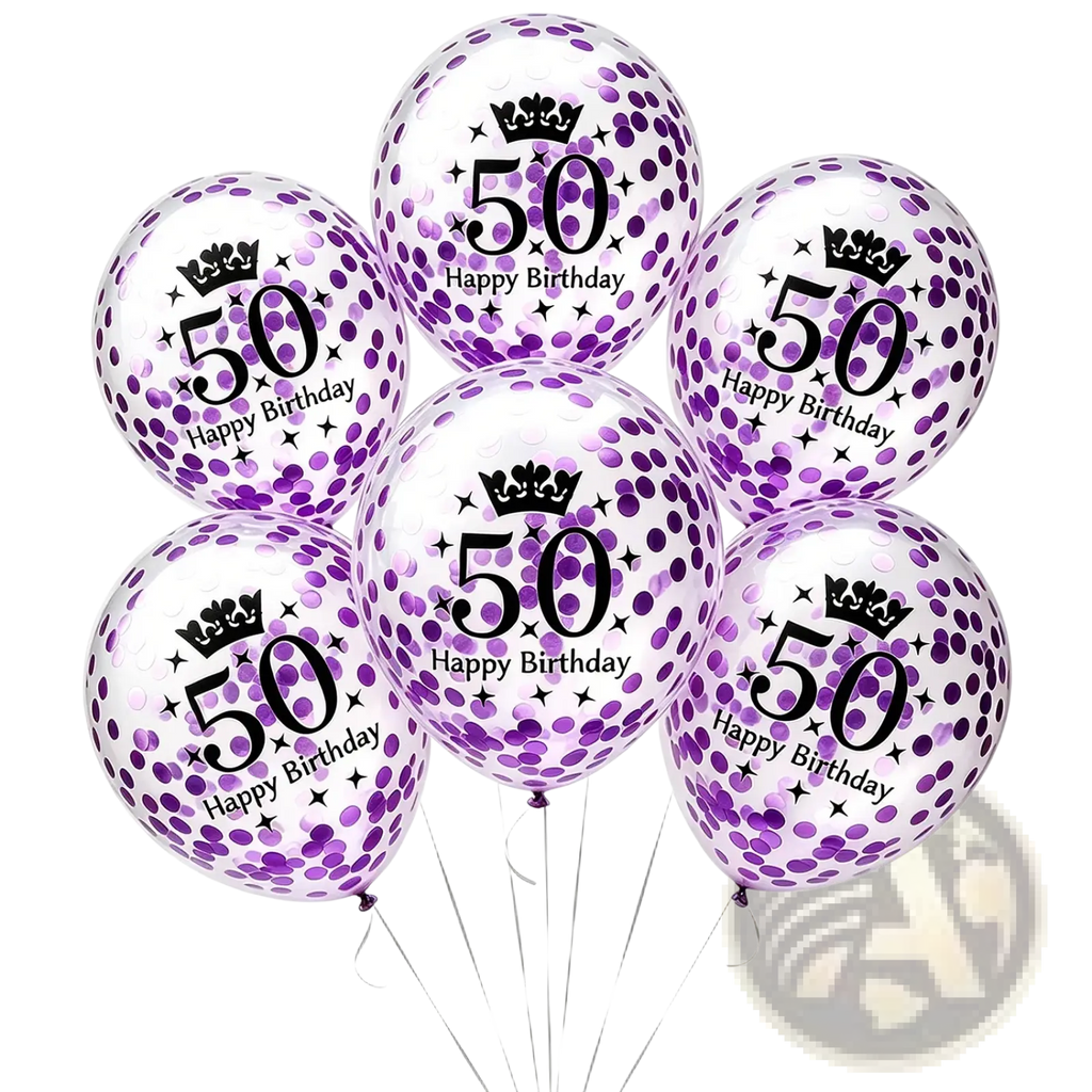 Clear plastic birthday balloons with purple confetti and black 50 happy birthday text with crown design for party decor