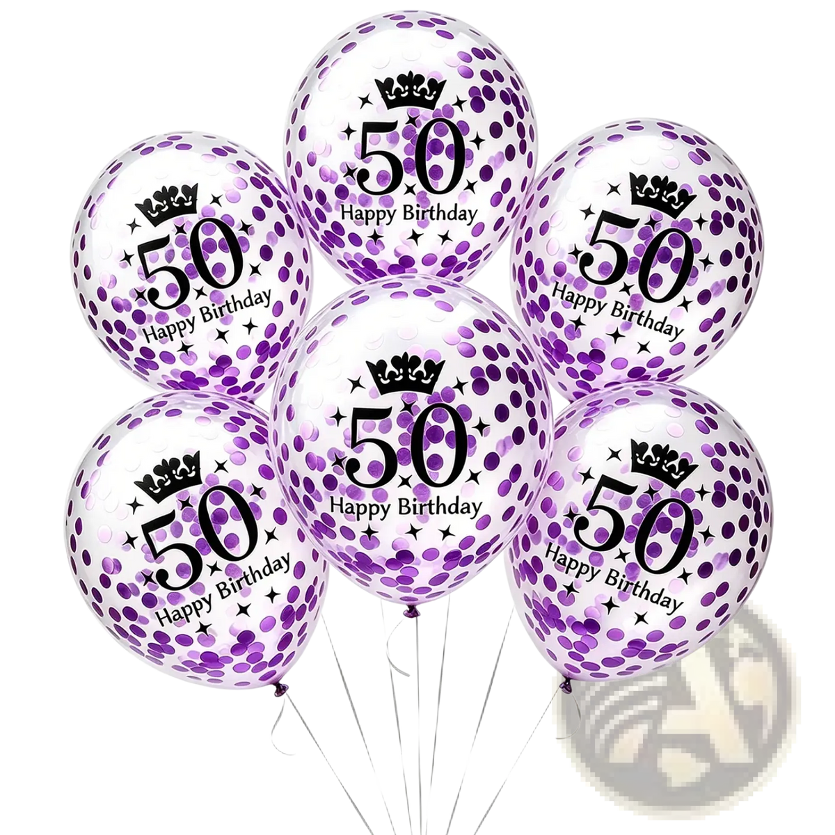 Clear plastic birthday balloons with purple confetti and black 50 happy birthday text with crown design for party decor