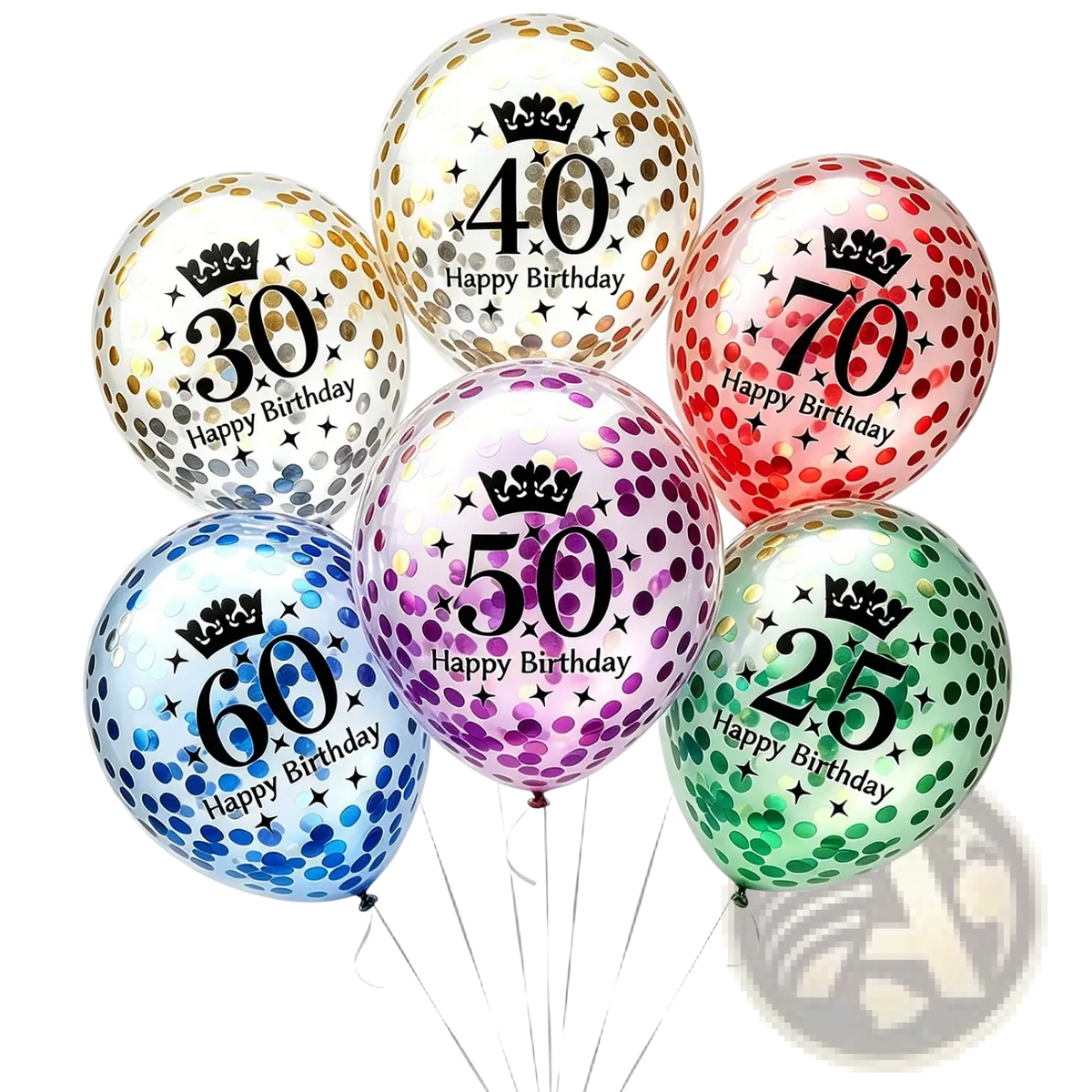 A set of colorful confetti-filled birthday number balloons 25 to 70 with happy birthday text and crowns for party decor