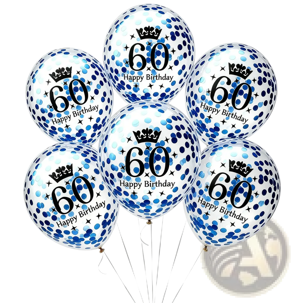 Blue and white confetti filled 60 happy birthday balloons with black print and crown for birthday party decorations