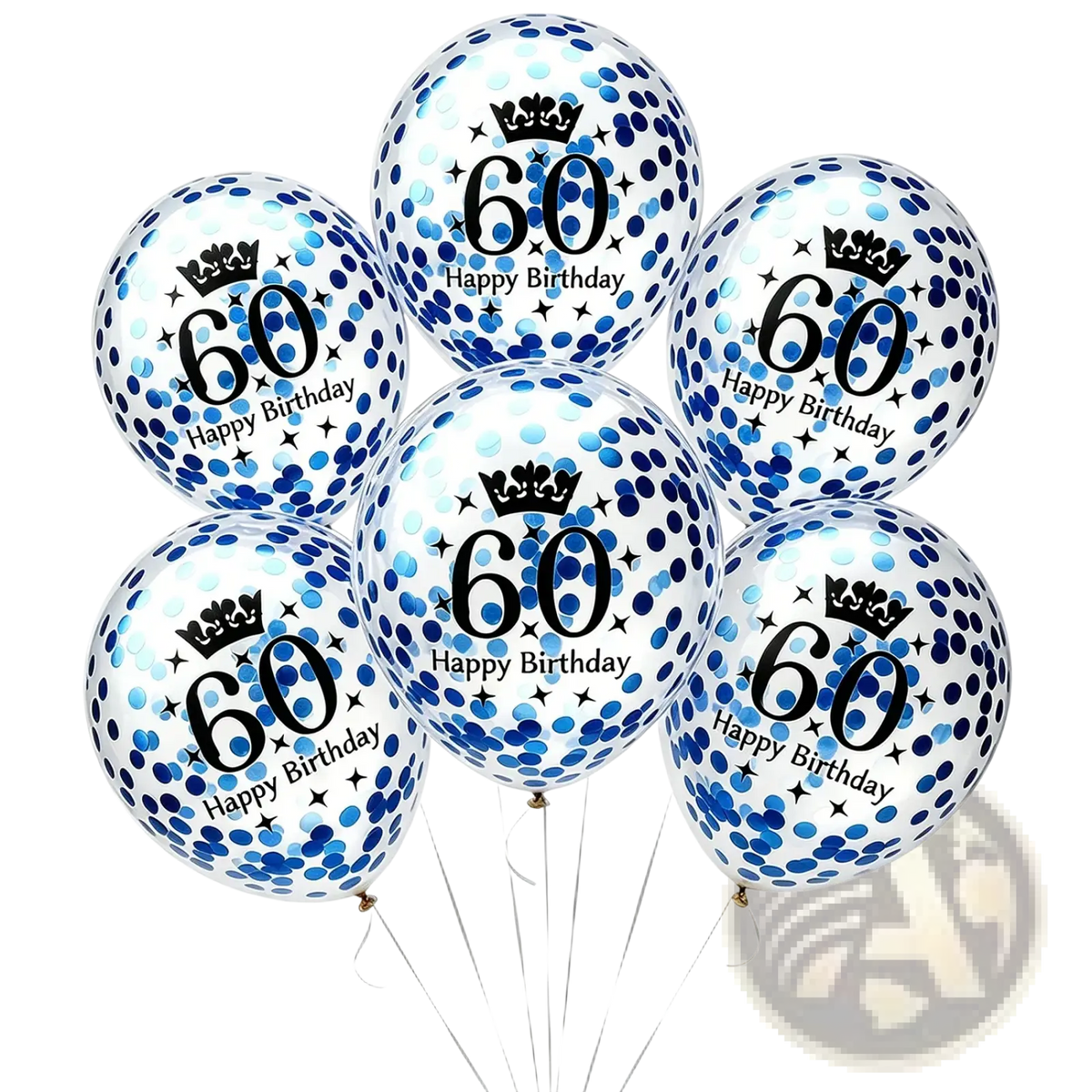 Blue and white confetti filled 60 happy birthday balloons with black print and crown for birthday party decorations