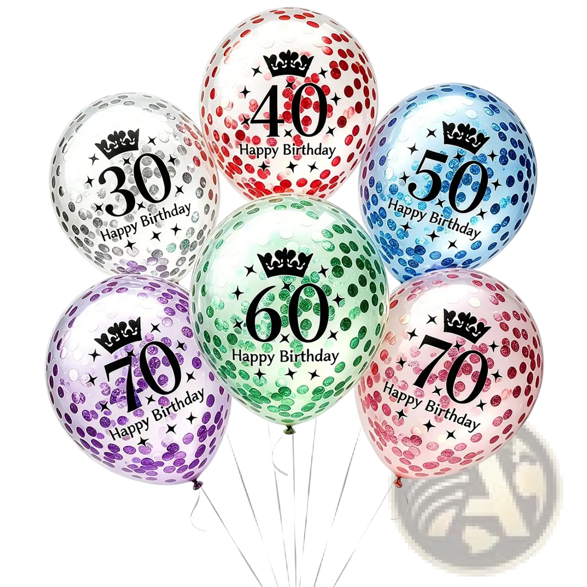 Clear glitter-filled birthday balloons with black numerals and crowns for ages 30 to 70 in multicolored options