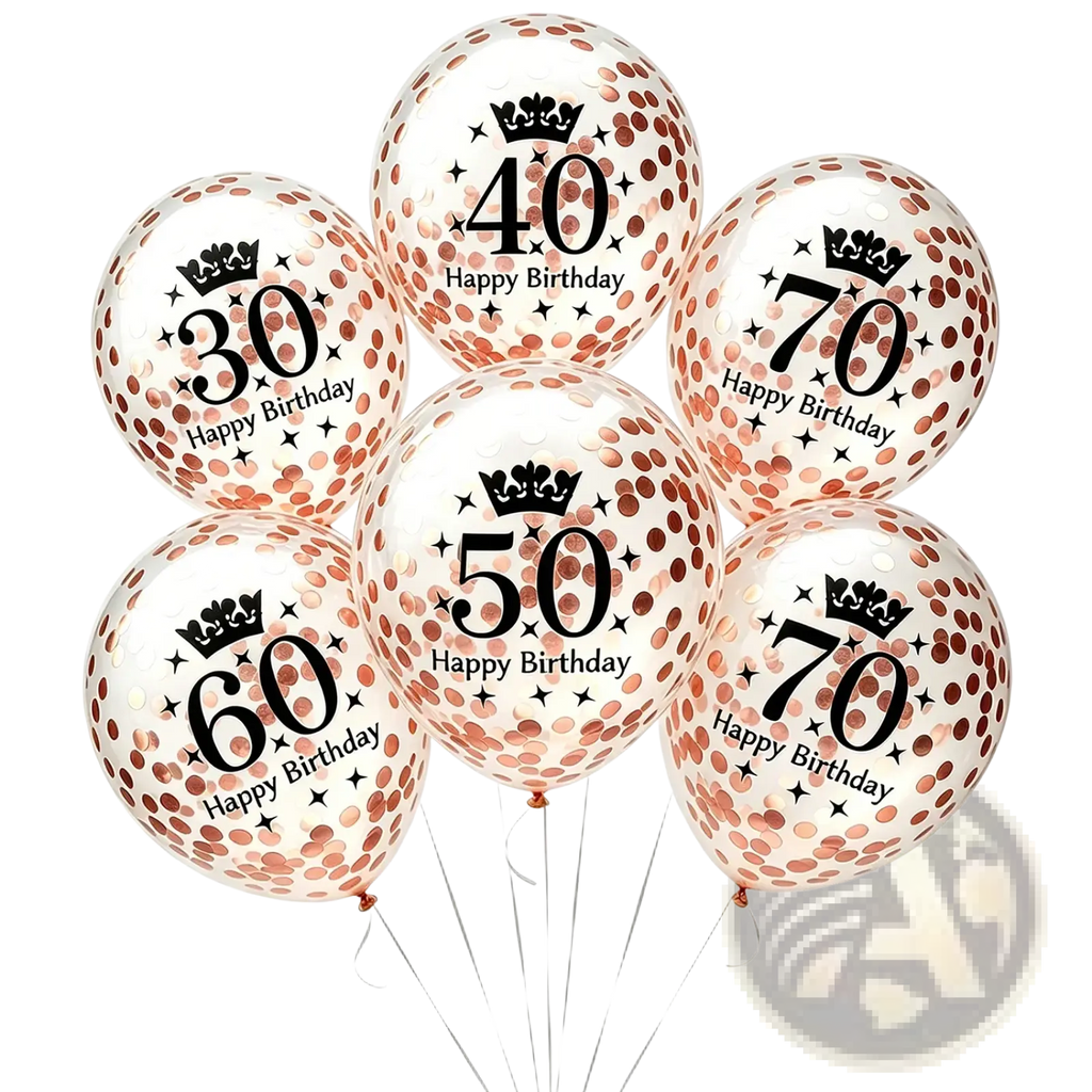 Clear party balloons with rose gold confetti and black printed numbers for ages 30 to 70 birthday decorations