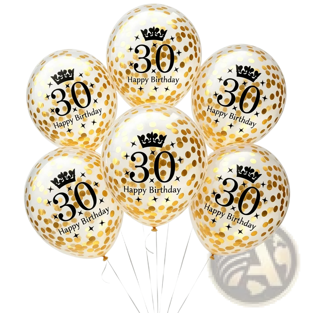 Clear balloons filled with gold confetti printed with black 30 happy birthday text and crown for birthday party decorations