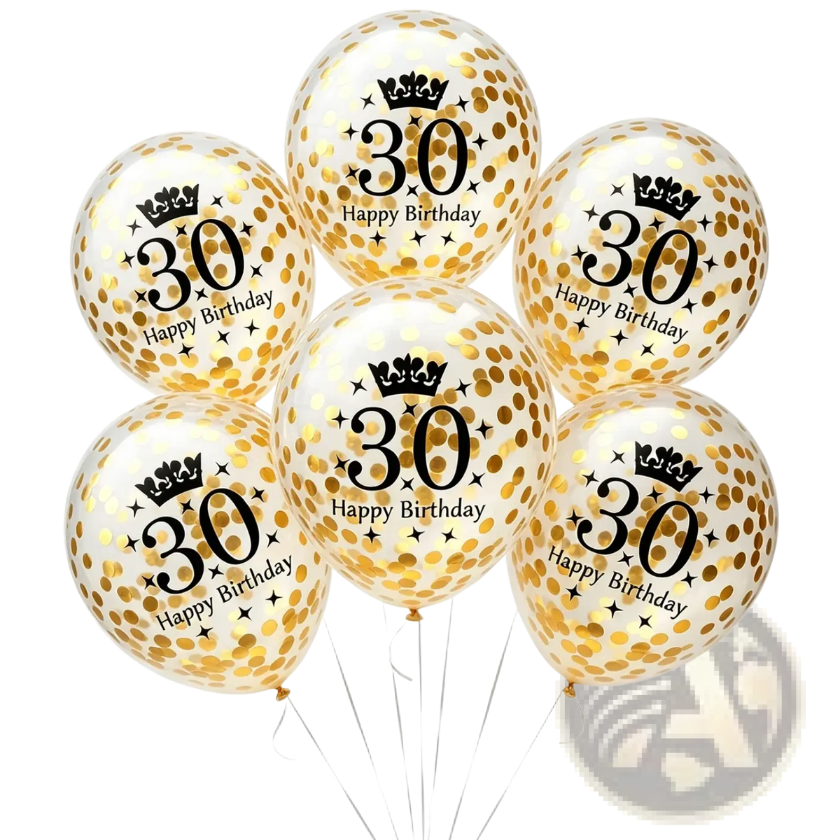 Clear balloons filled with gold confetti printed with black 30 happy birthday text and crown for birthday party decorations