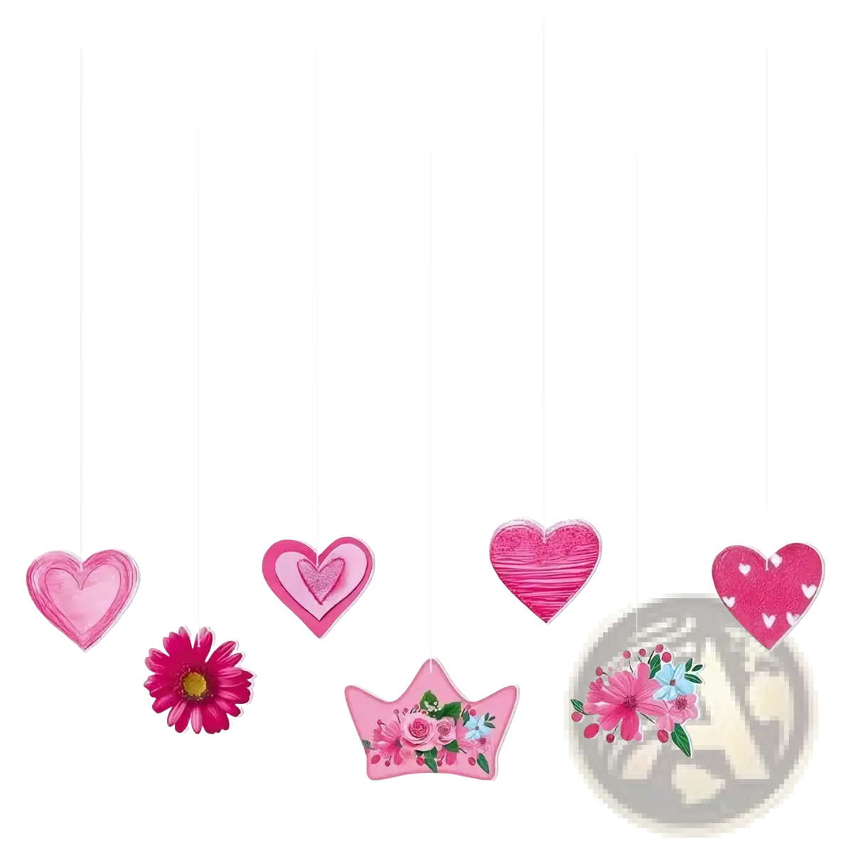 Happy mothers day pink glitter banner garland featuring pink floral hanging decorations with hearts and a crown