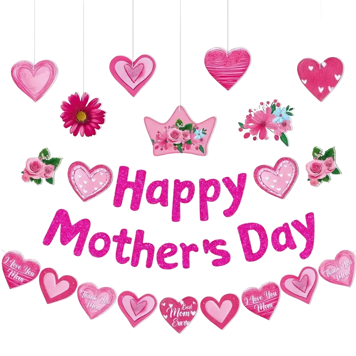 Pink glitter banner garland with happy mothers day text heart and floral decorations for festive celebration