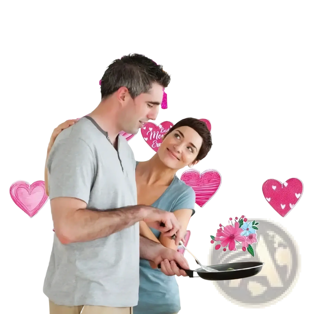 Happy mothers day pink glitter banner garland with heart decorations hanging above a couple in kitchen