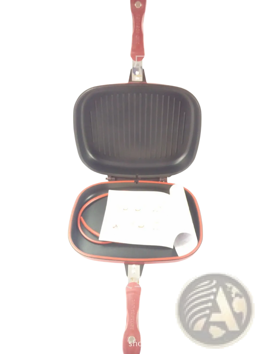 Happycall 32cm red handled black non-stick double sided grill pan with ribbed cooking surfaces for grilling