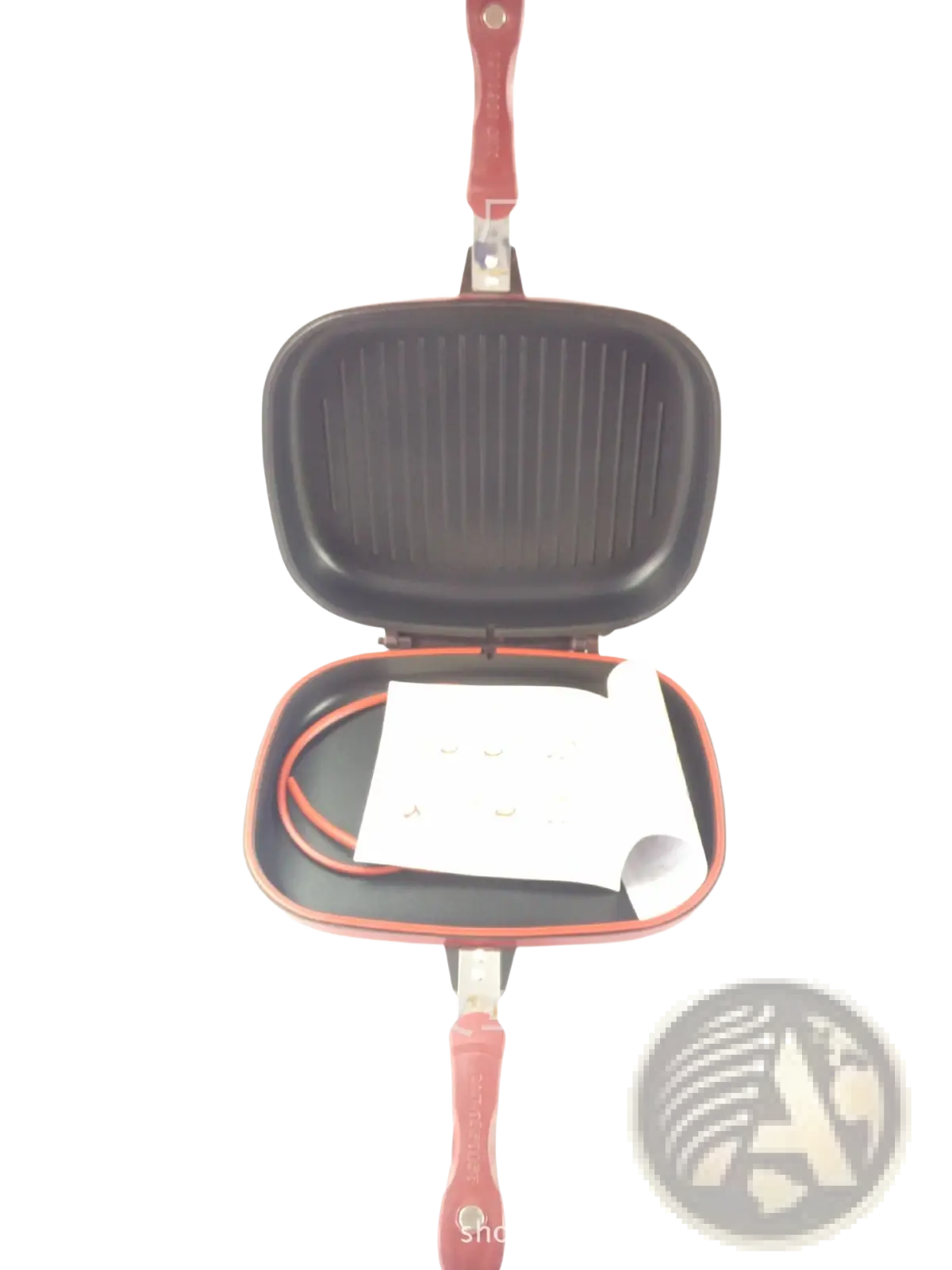 Happycall 32cm red handled black non-stick double sided grill pan with ribbed cooking surfaces for grilling