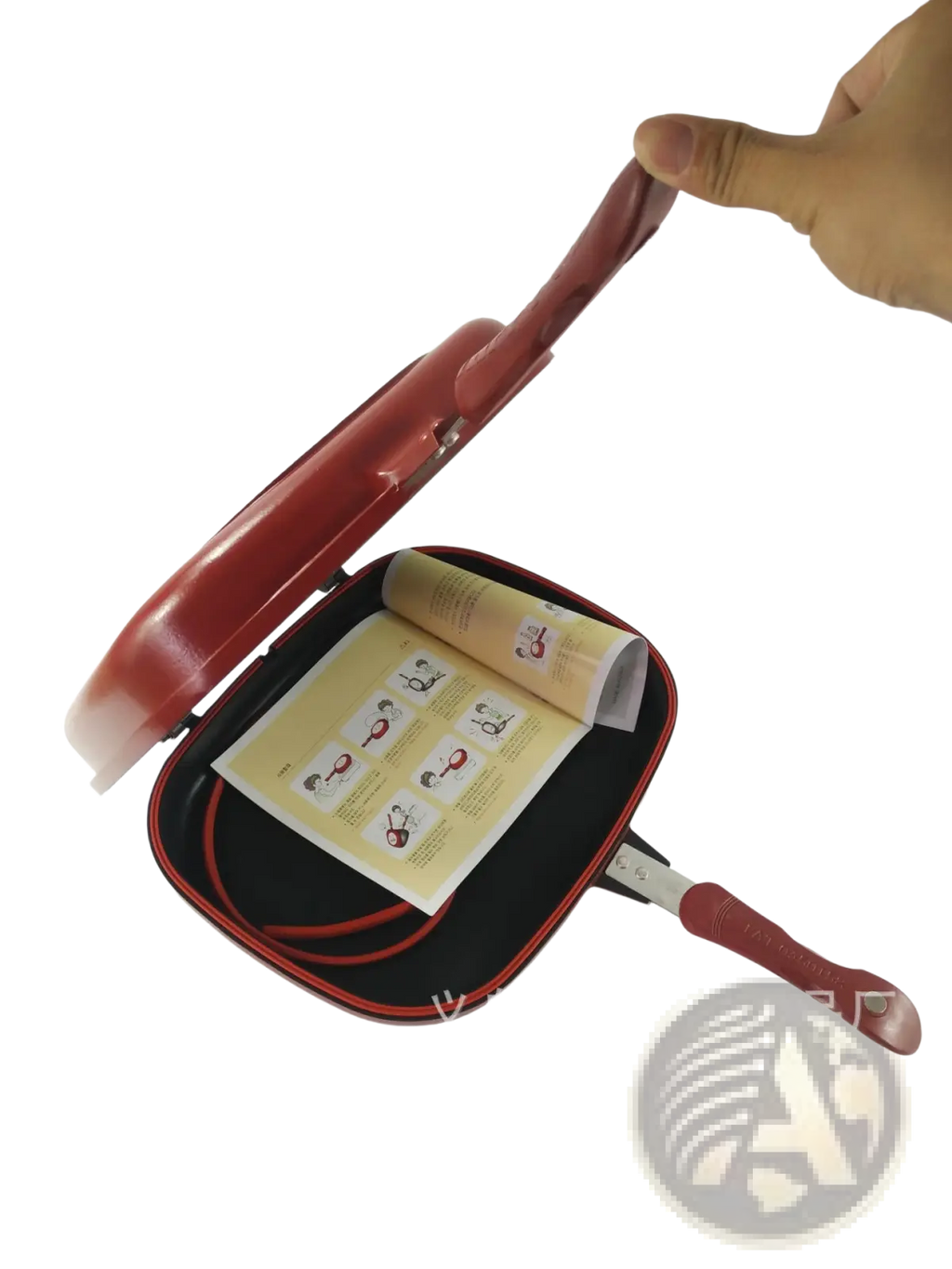 Happycall 32cm red non stick double sided frying pan with glossy finish handle and integrated cooking instructions inside