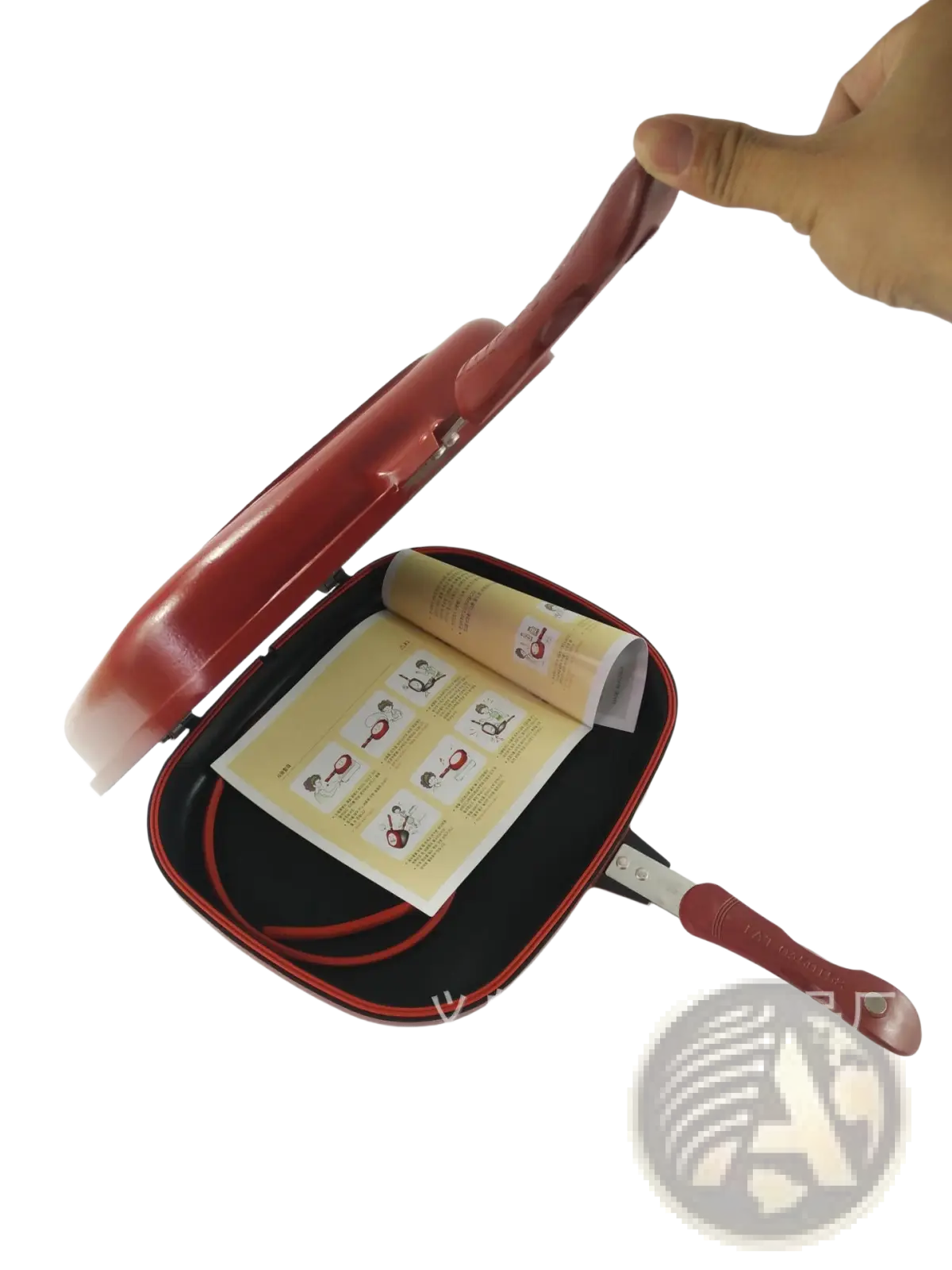 Happycall 32cm red non stick double sided frying pan with glossy finish handle and integrated cooking instructions inside