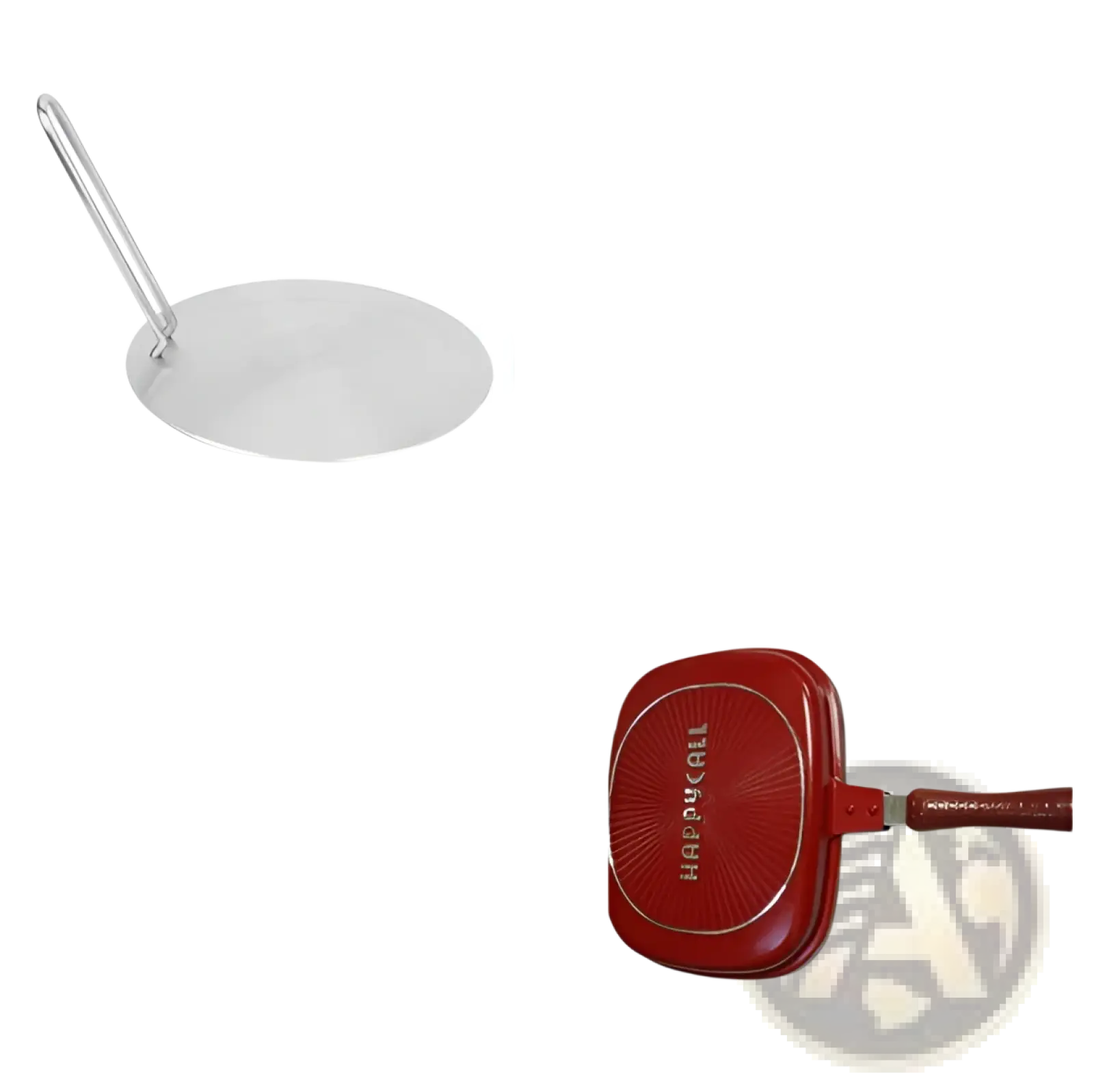 Red Happycall 32cm non stick double sided frying pan with wooden handle and silver cooking plate for versatile use