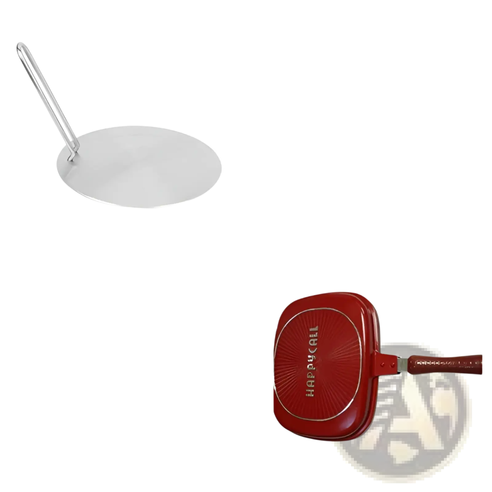 Silver plate with a long handle shown on the back side of a happycall 32cm red non stick double sided frying pan