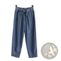 Blue denim harem jeans with a high waist elastic waistband and drawstring for comfortable fit