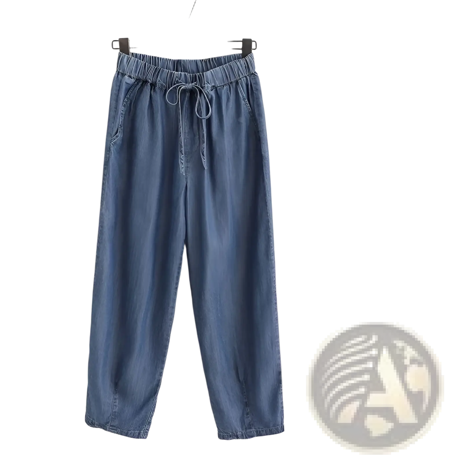 Blue denim harem jeans with a high waist elastic waistband and drawstring for comfortable fit