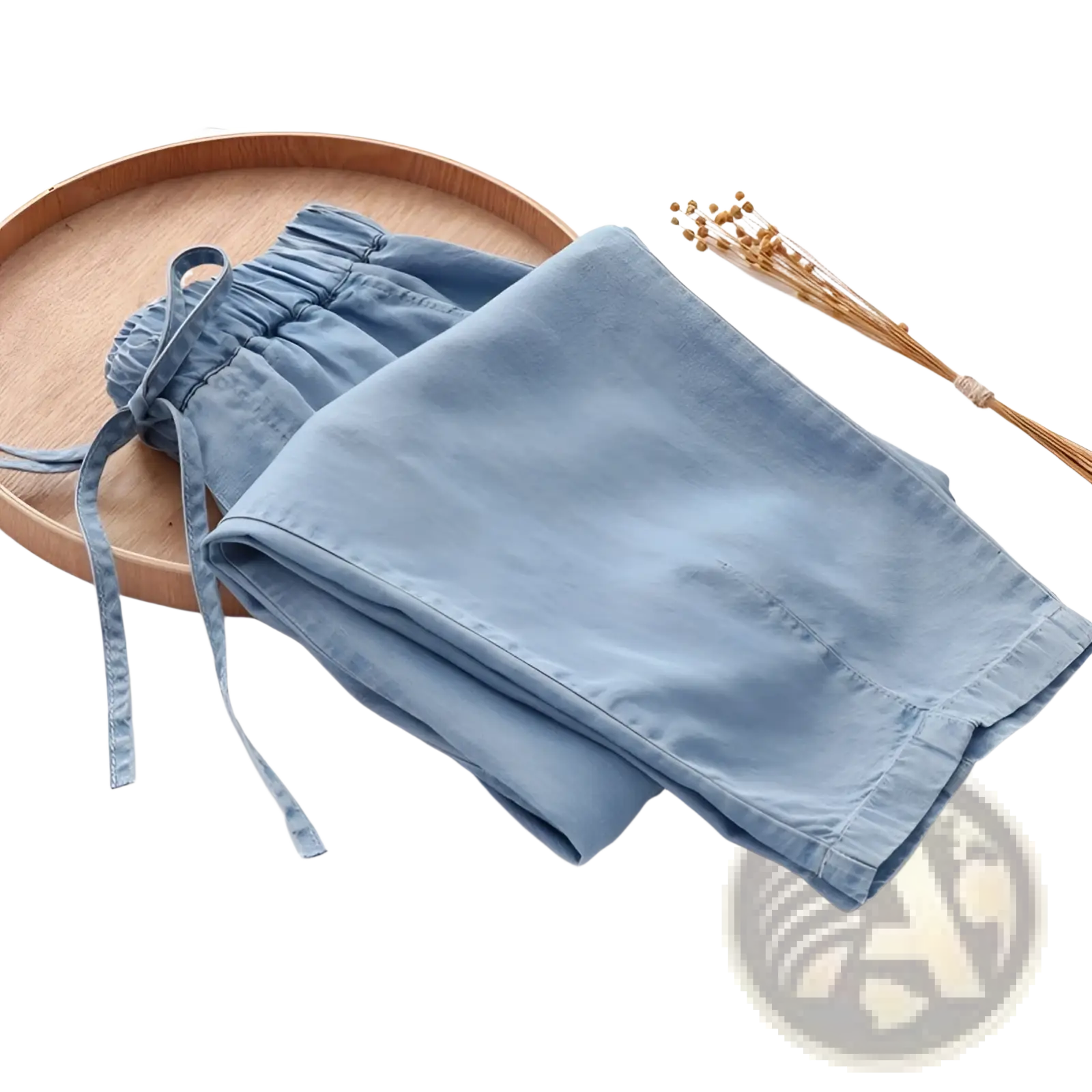 Light blue cotton shorts with elastic waistband and drawstring resembling harem jeans high waisted denim pants