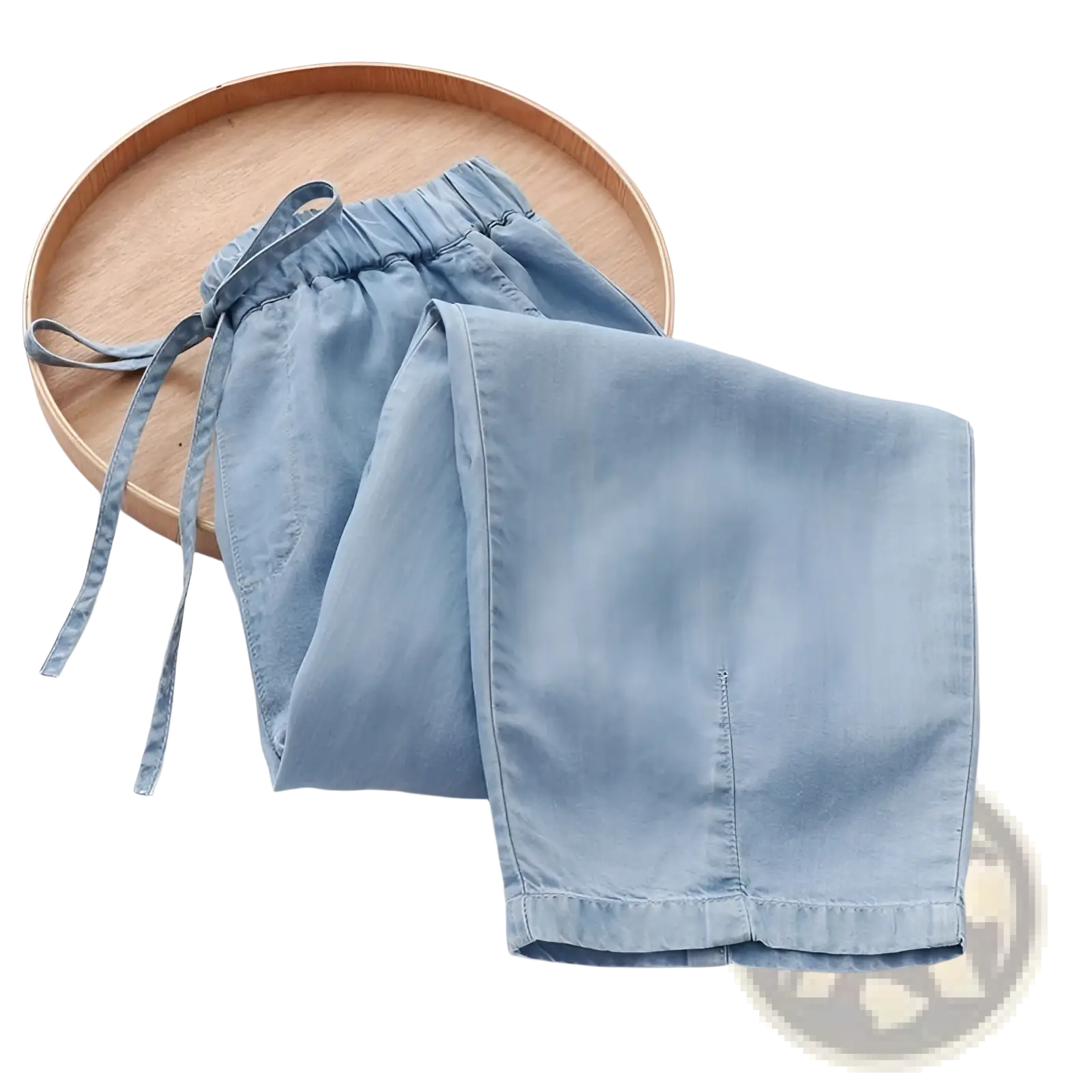 Light blue high waisted harem jeans denim shorts with elastic waistband and drawstring for comfortable wear