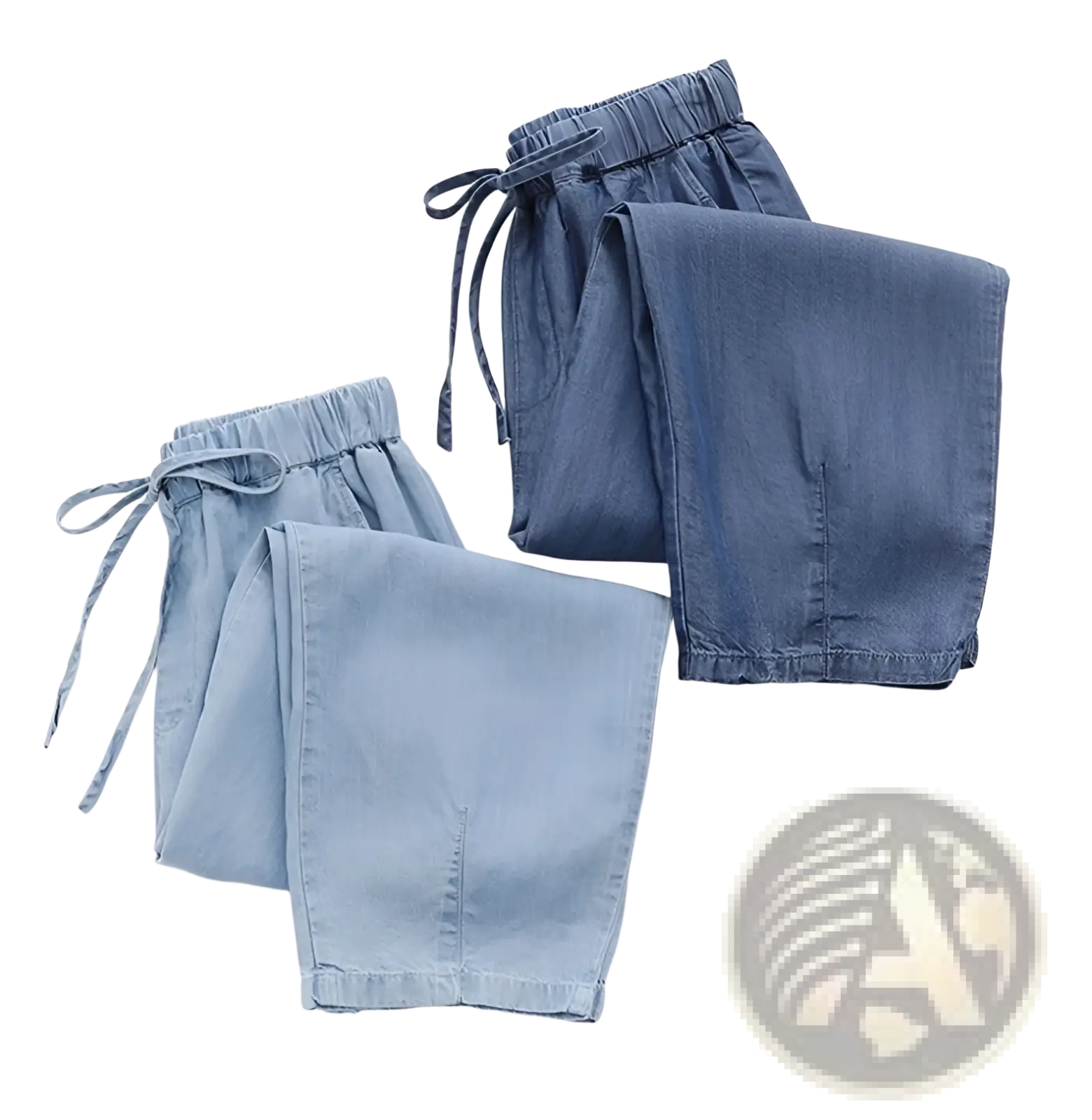 A pair of light blue high waisted harem jeans denim shorts with elastic waistbands and drawstrings