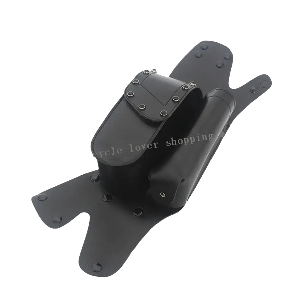Black leather harley touring saddlebag guard bag with silver rivet flap and cylindrical compartment visible from back side