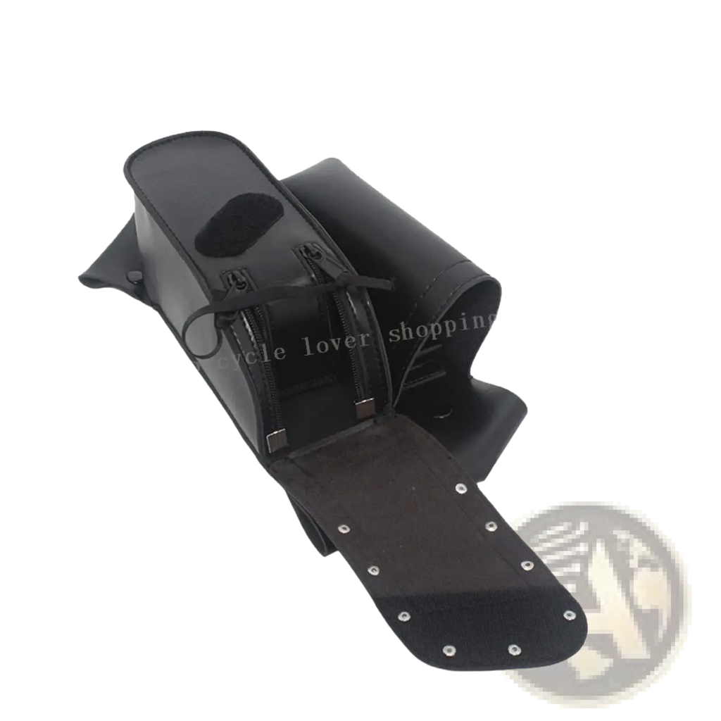 Black leather harley touring saddlebag guard bag with zippers and metal rivets for motorcycle storage