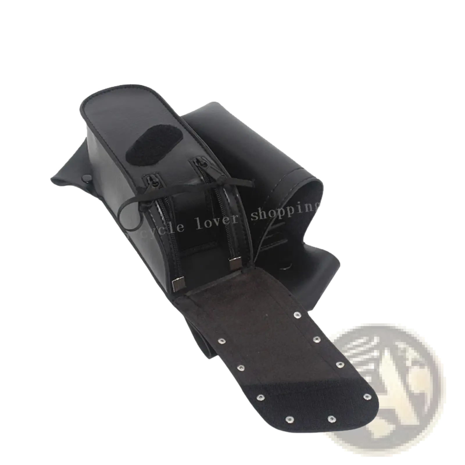 Black leather harley touring saddlebag guard bag with zippers and metal rivets for motorcycle storage