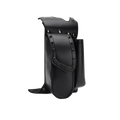 Black leather harley touring saddlebag guard bag with riveted flap and cylindrical compartment made of pu leather
