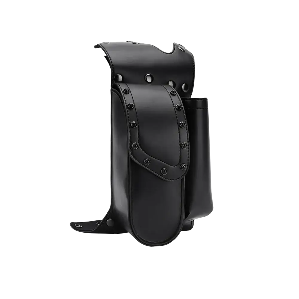 Black leather harley touring saddlebag guard bag with riveted flap and cylindrical compartment made of pu leather