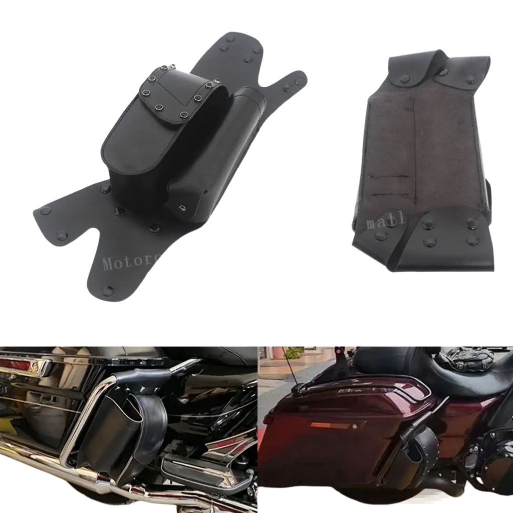 Black leather harley touring saddlebag guard bag with multiple compartments and reinforced stitching visible from back side
