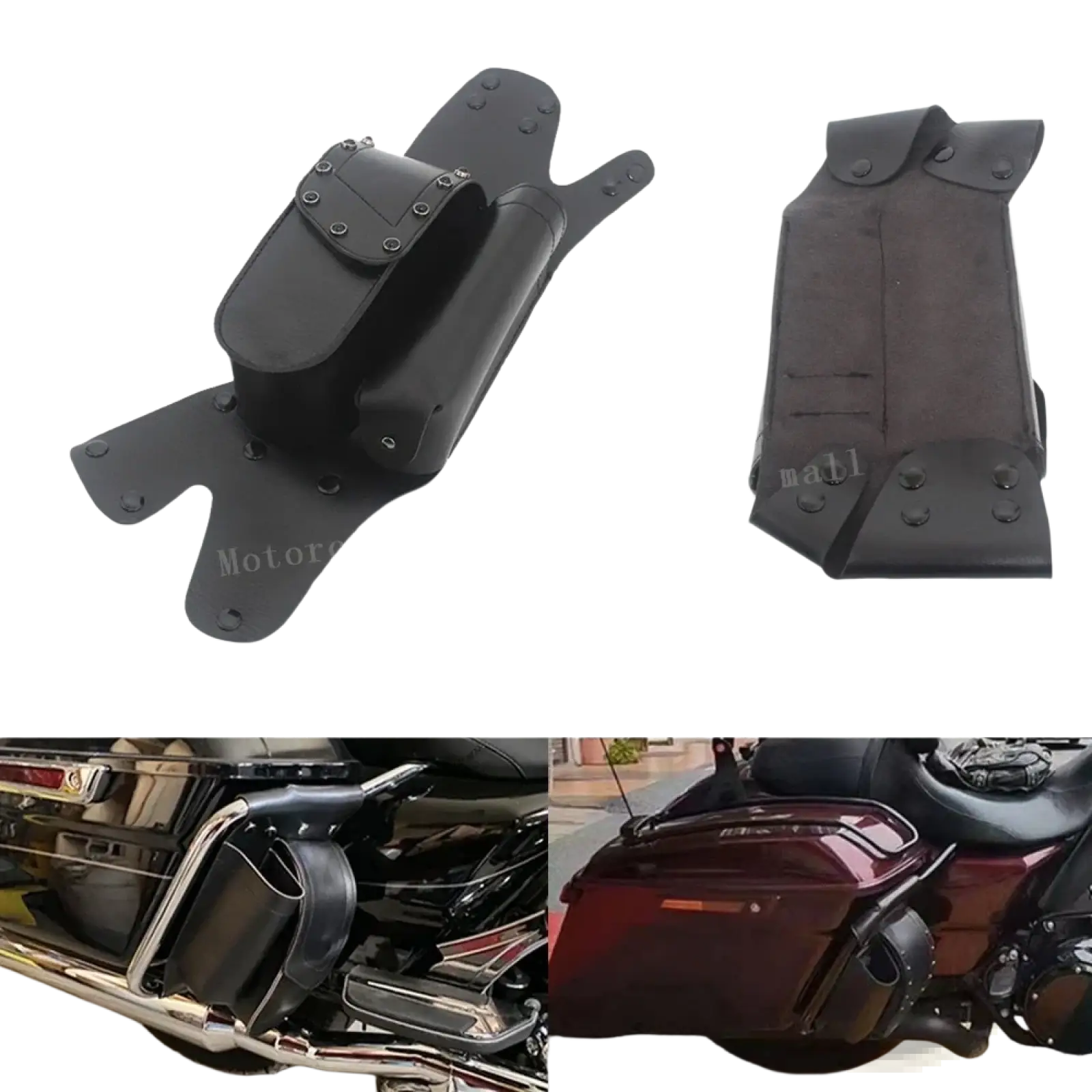 Black leather harley touring saddlebag guard bag with multiple compartments and reinforced stitching visible from back side