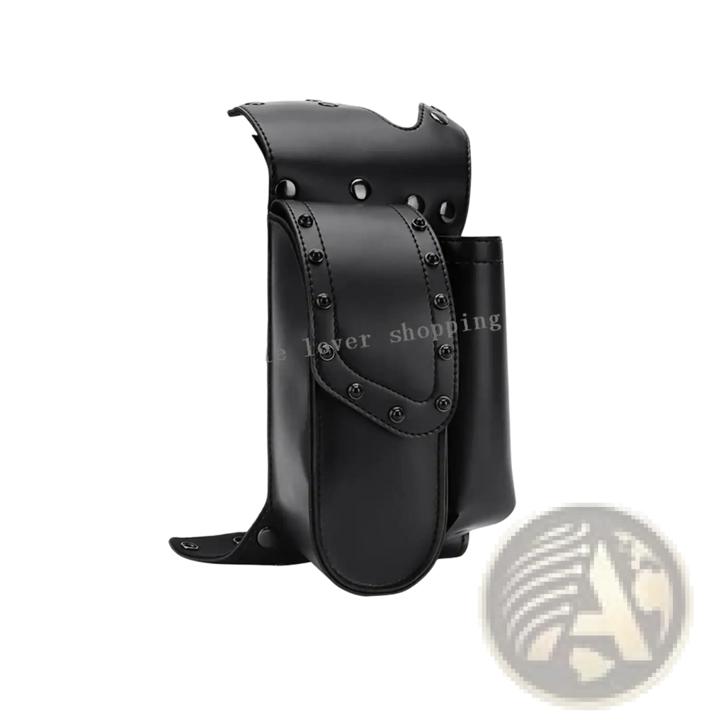Black leather Harley touring saddlebag guard bag with studded detailing and side pocket for motorcycle use