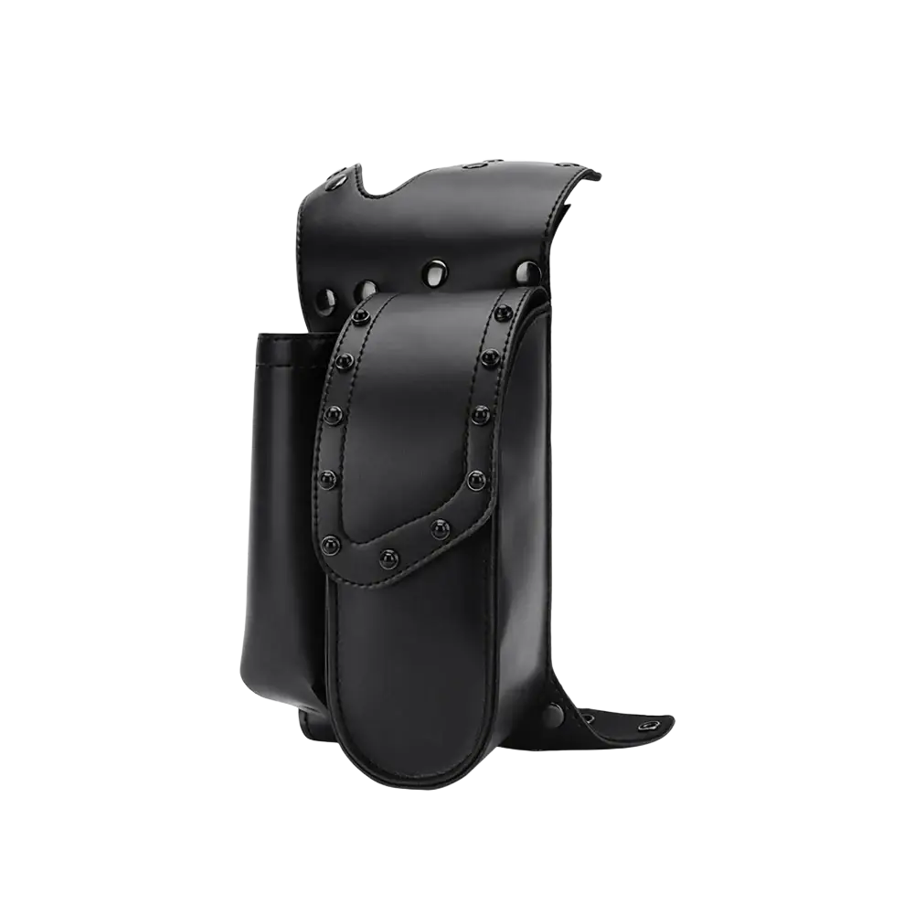 Black leather Harley touring saddlebag guard bag with rivet detailing and side pocket visible from the back side